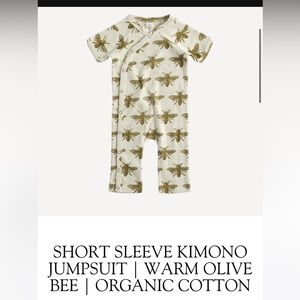 Warm olive bee honeybee organic cotton wrap snap romper jumpsuit Kate Quinn